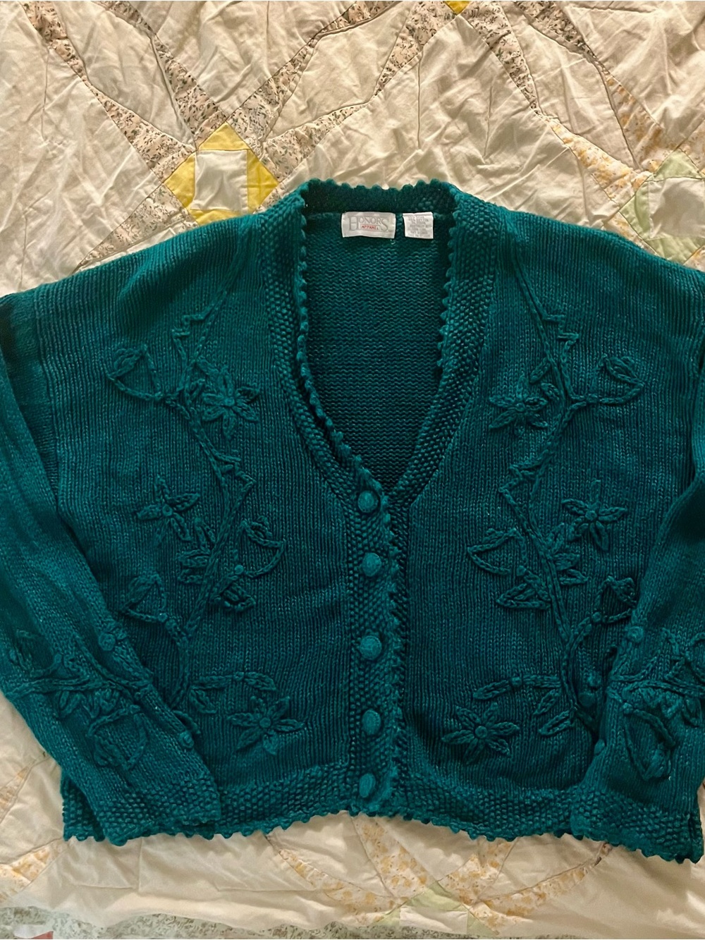 Vintage Honors Apparel Teal Floral Embroidered Cardigan Sweater Large